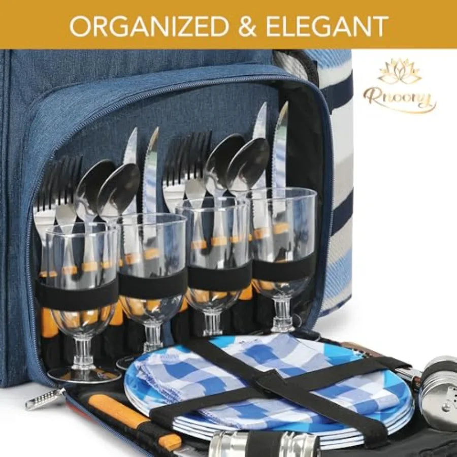 Blue picnic backpack cooler bag open with knives, forks, goblets, and folded plaid mat