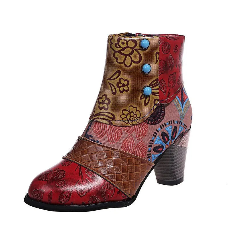 Women’s ankle boots with red and tan patchwork design, decorative buttons, chunky heel