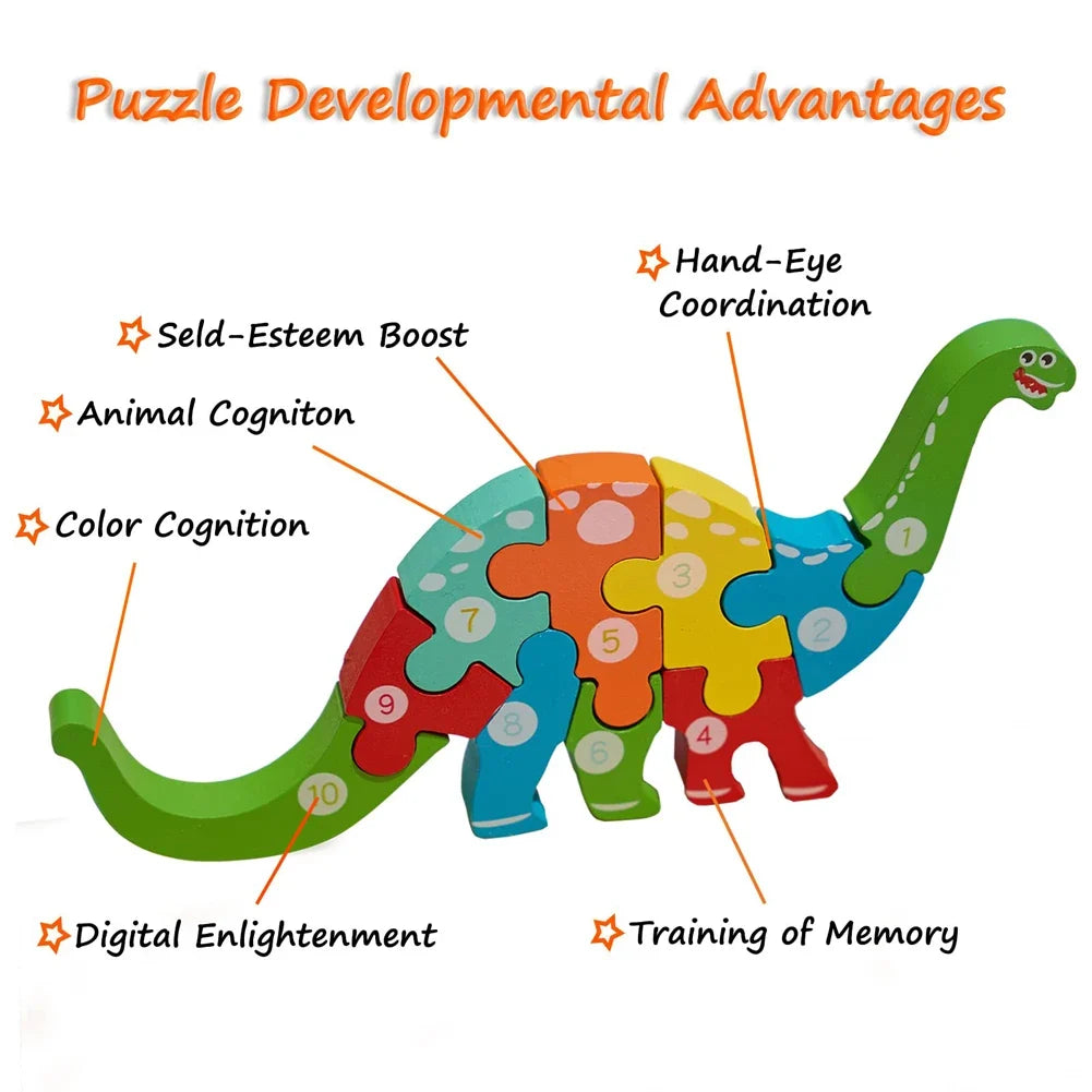 Colorful 3D wooden animal number puzzle with connected pieces on a board