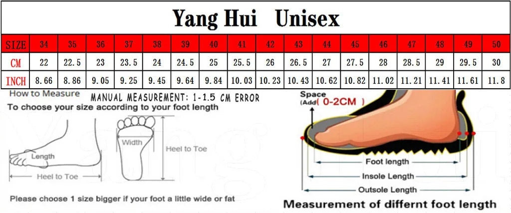 Unisex shoe size chart with length and width measurement guide for loafers