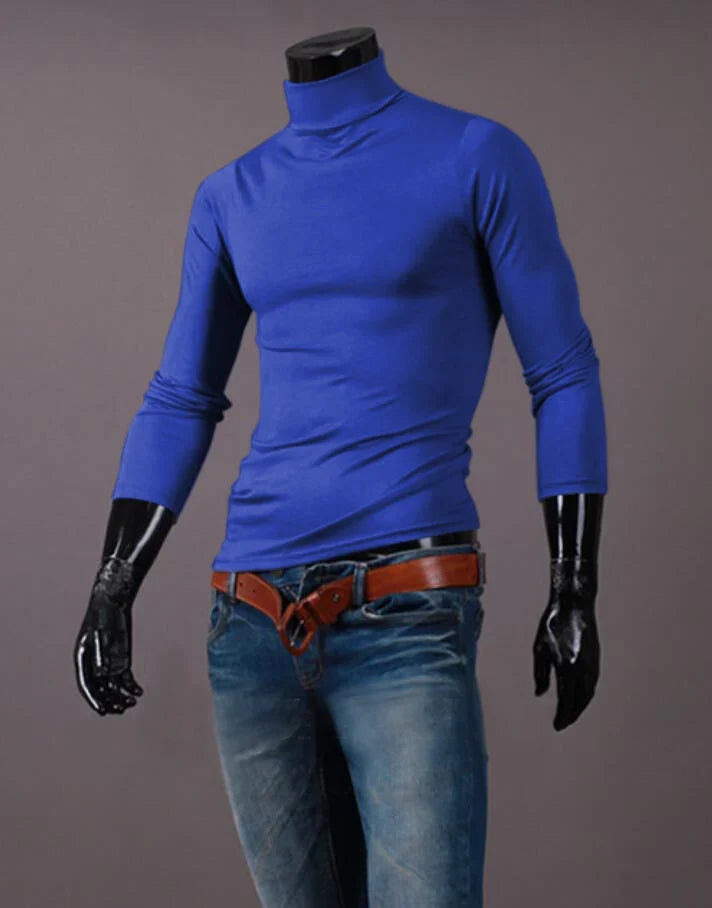 Men’s slim-fit thermal shirt with high neck and long sleeves, royal blue