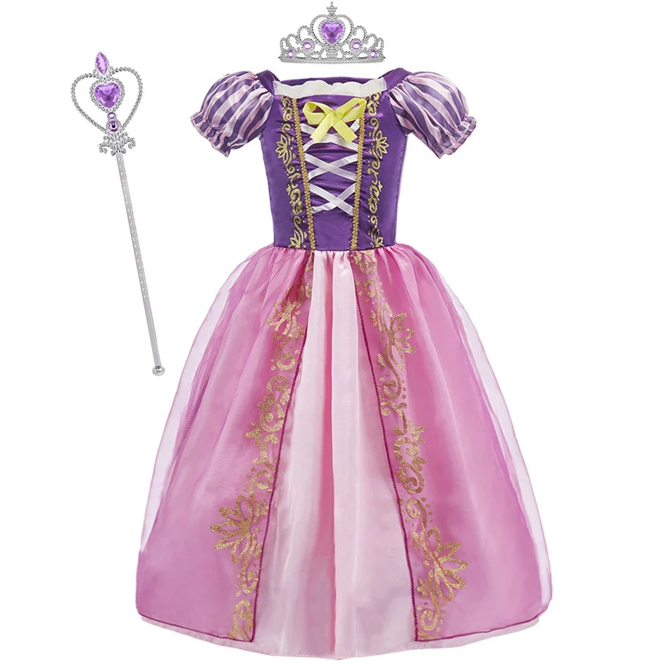 Princess cosplay dress with purple bodice, pink skirt, crown and heart wand accessories