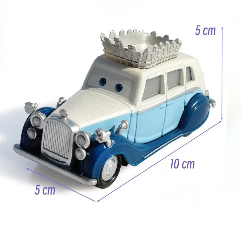 White and blue diecast service truck toy with silver grille and roof horn, front view.