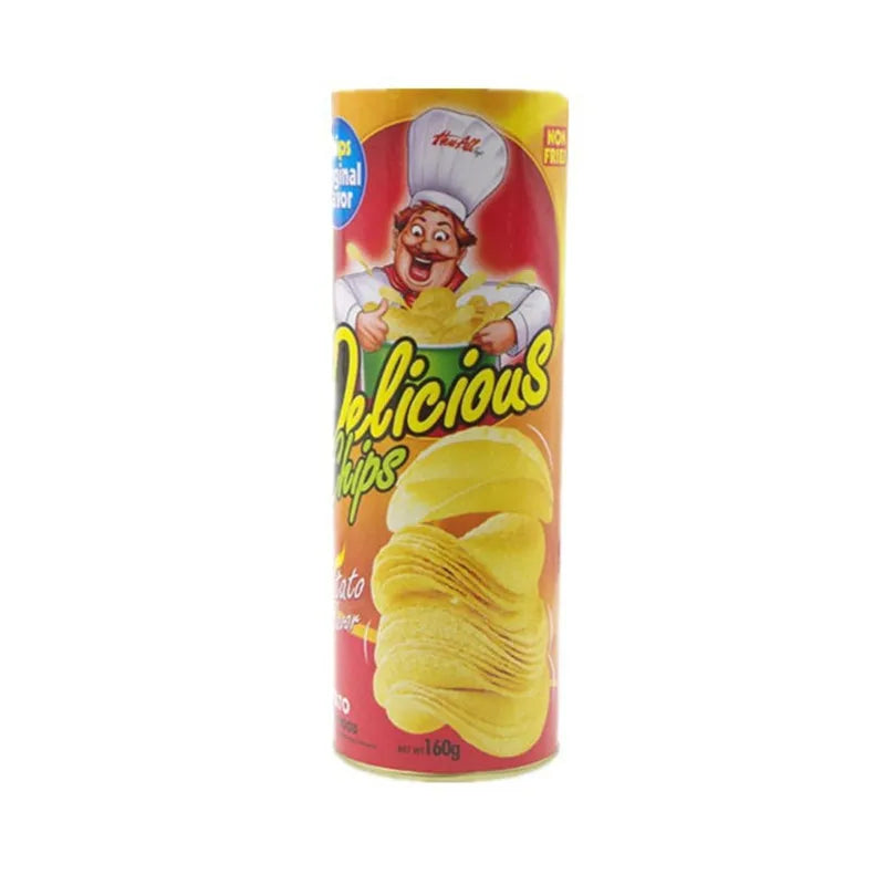 Snack-style prank toy can with red label and cartoon character graphic