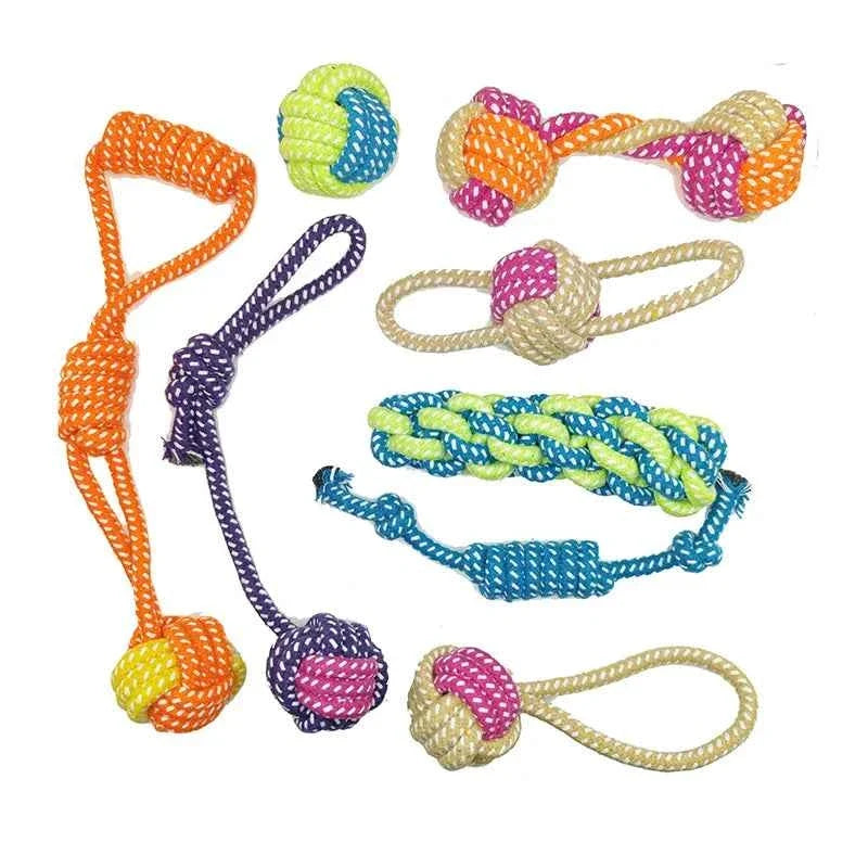 Set of dog rope toys with braided straps and knotted ball ends, assorted colors
