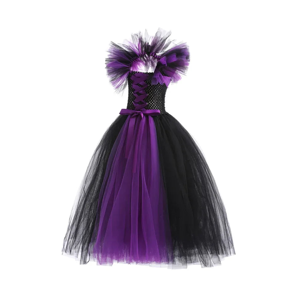 Girls black and purple tulle cosplay dress with purple corset-style lace bodice