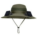 Dark green solar fan fisherman hat with wide brim and side solar panels