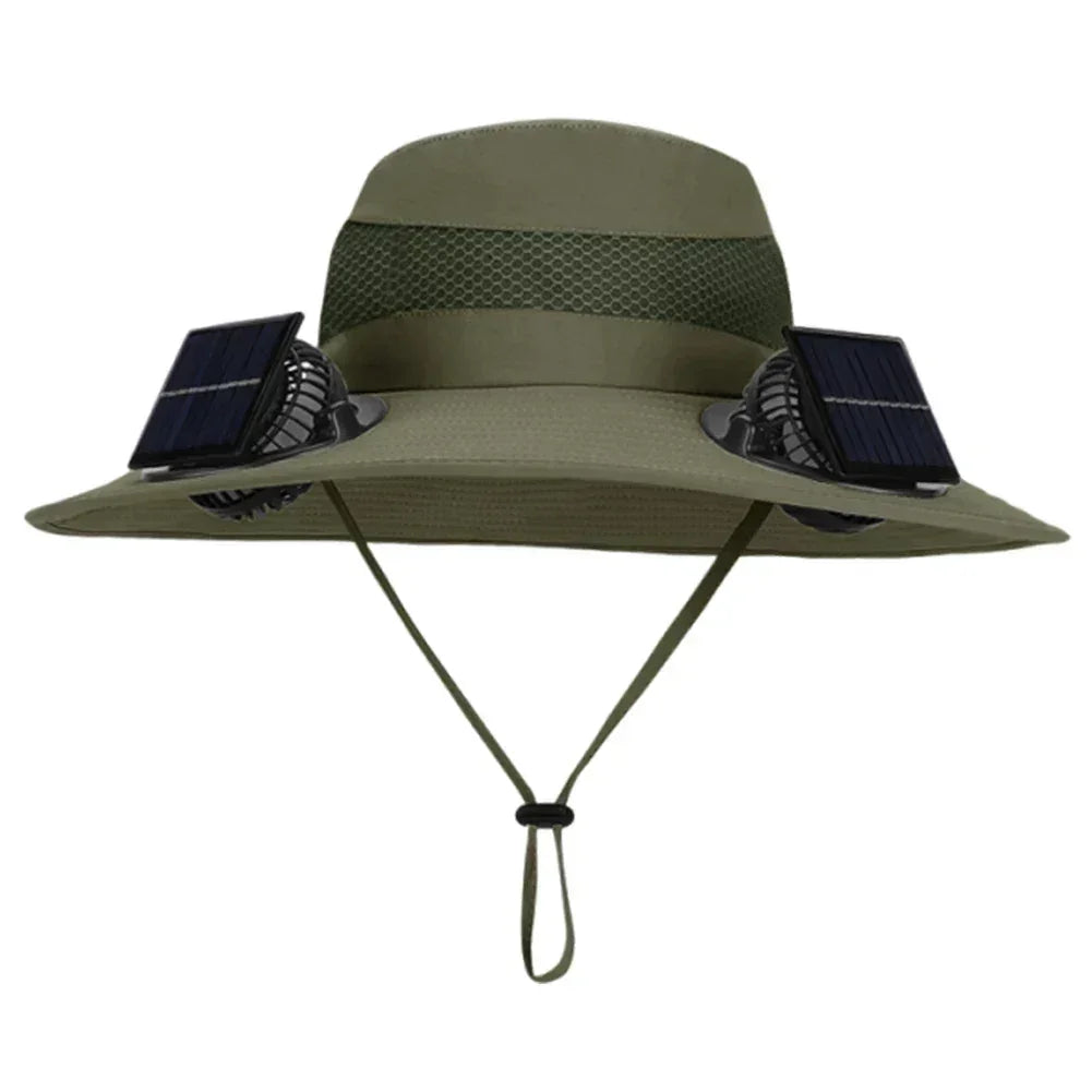 Dark green solar fan fisherman hat with wide brim and side solar panels