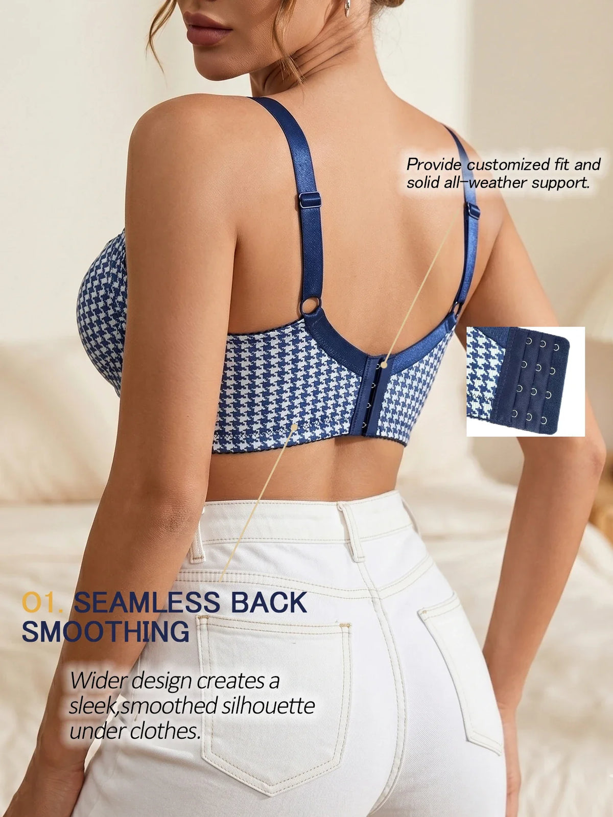 Women’s houndstooth push-up bra back smoothing in blue with adjustable straps.