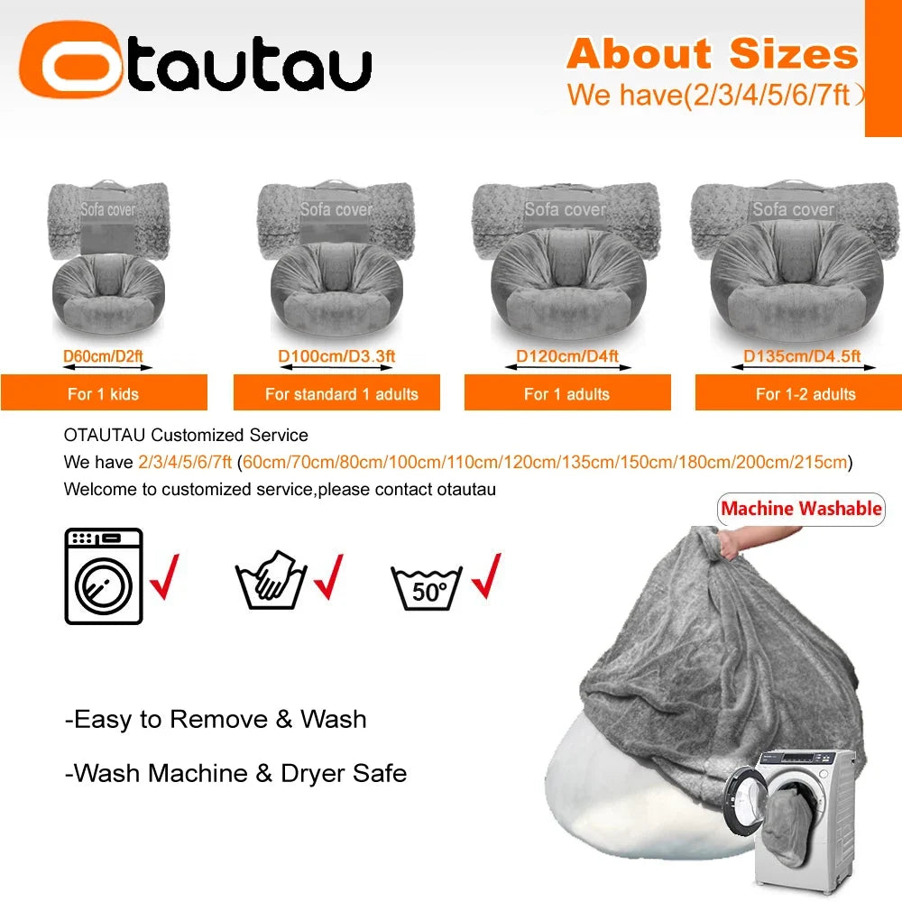 Gray faux fur bean bag pouf cover sizing view for multiple diameters