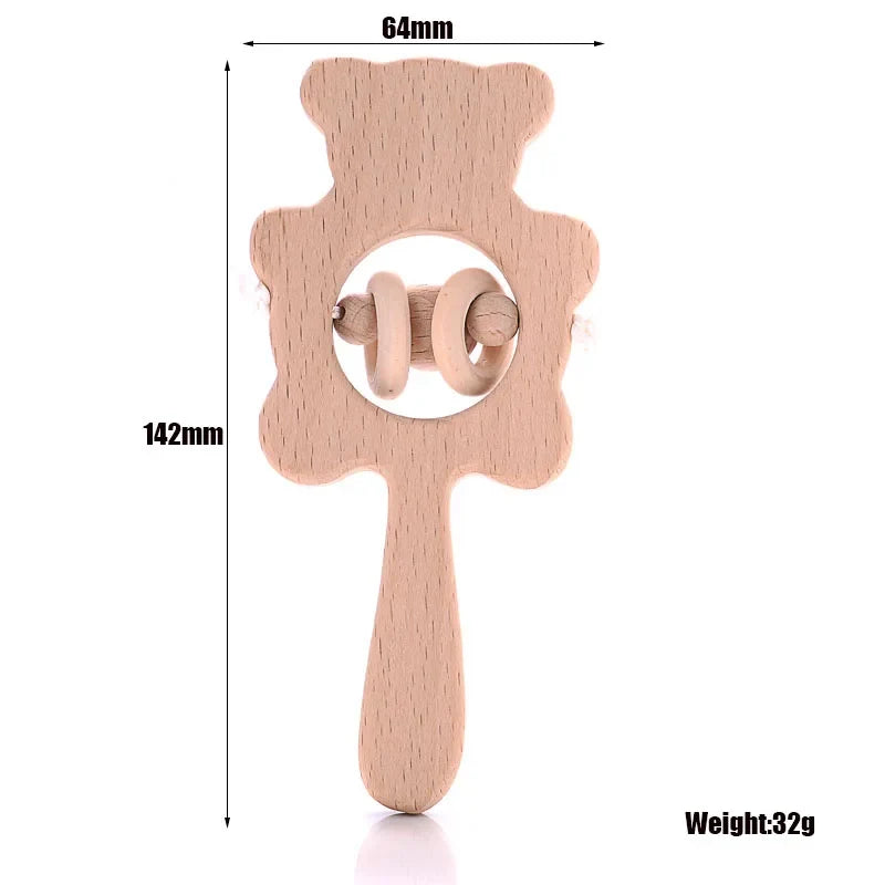 Wooden animal ring baby teether in bear-shaped form with inner teething ring