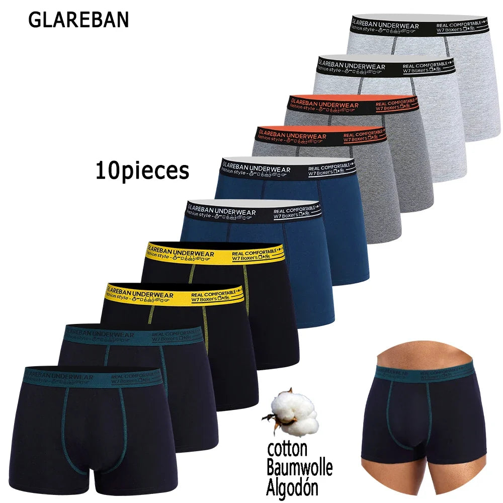 10-pack men’s cotton boxer briefs with GLAREBAN waistband, black/gray/navy mix
