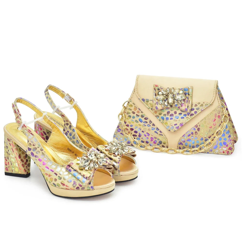 Cream peep-toe heeled shoes and matching patterned clutch bag with jeweled front