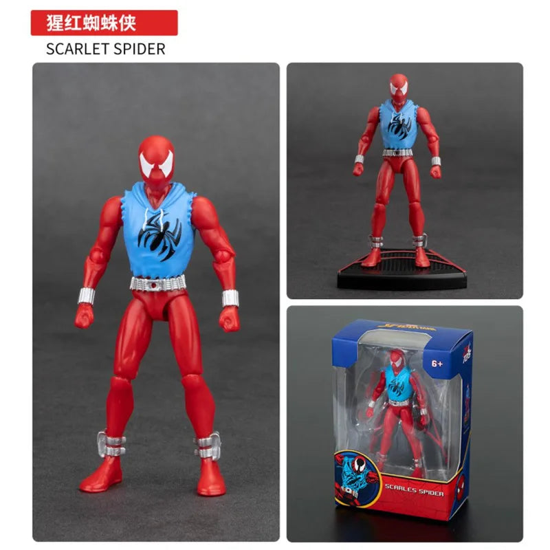 4-inch poseable Scarlet Spider action figure in red suit with blue emblem, on base