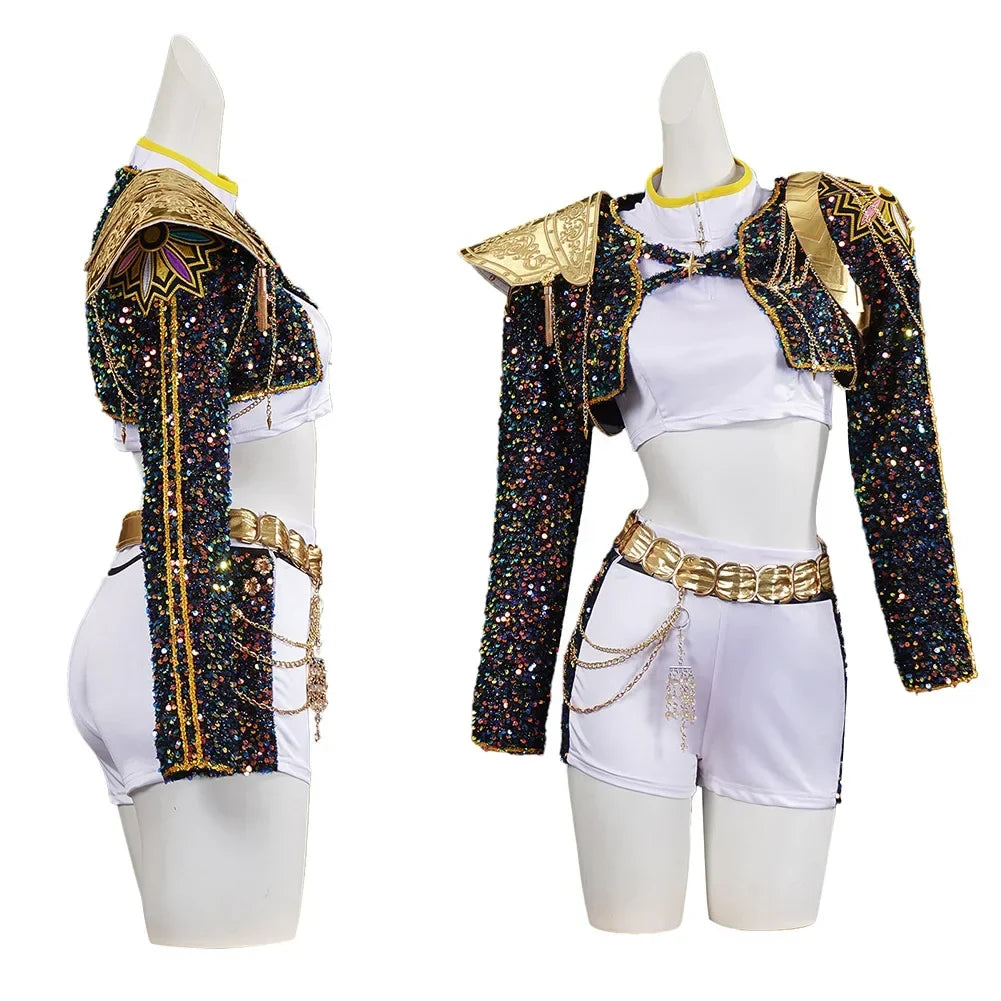 Kids queen cosplay set with white crop top, shorts, and dark sequin long-sleeve jacket