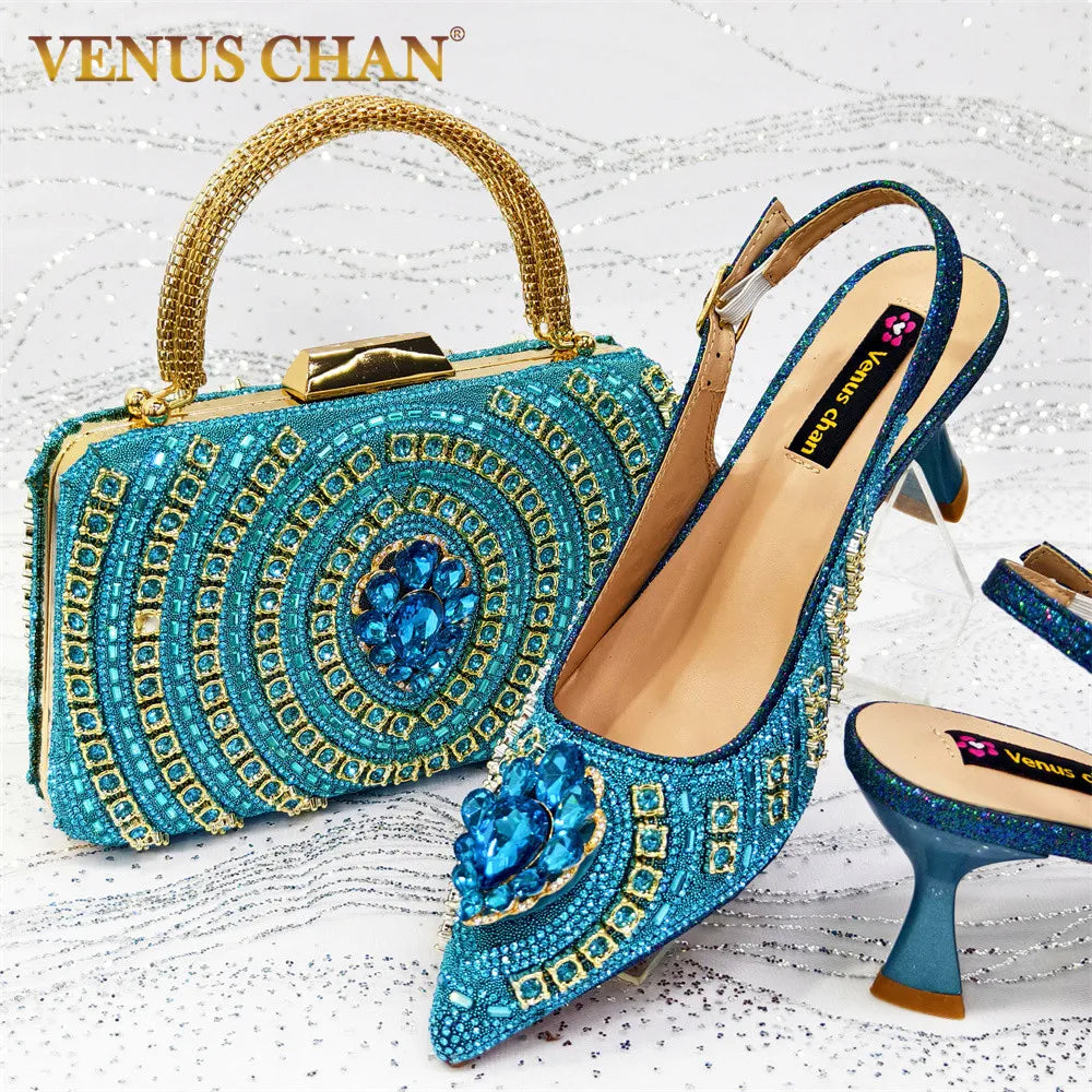 Venus Chan blue rhinestone wedding heels with matching beaded handbag set