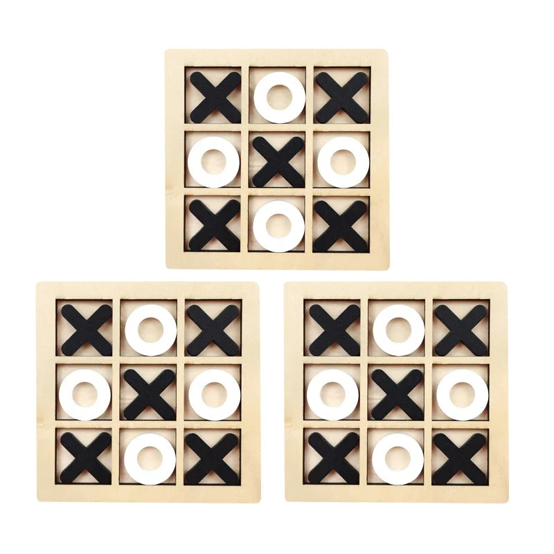 Wooden tic-tac-toe boards with black X pieces and white O rings (set of three)