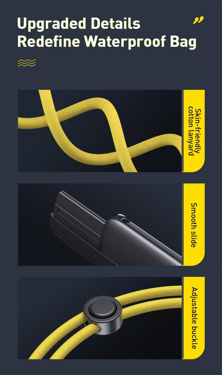 Black waterproof phone pouch with adjustable yellow rope lanyard and seal details