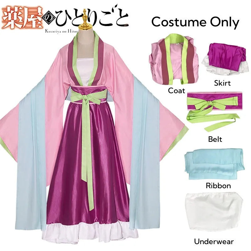 Pink and purple cosplay dress set with coat, skirt, belt, ribbon, and underwear