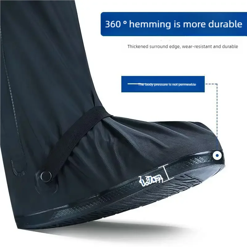Black waterproof high-top shoe cover with adjustable strap and reinforced hem