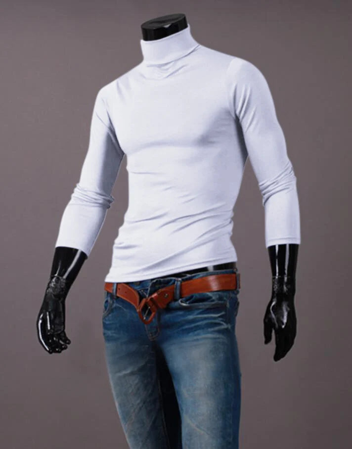 Men’s slim-fit thermal shirt with high neck and long sleeves, white