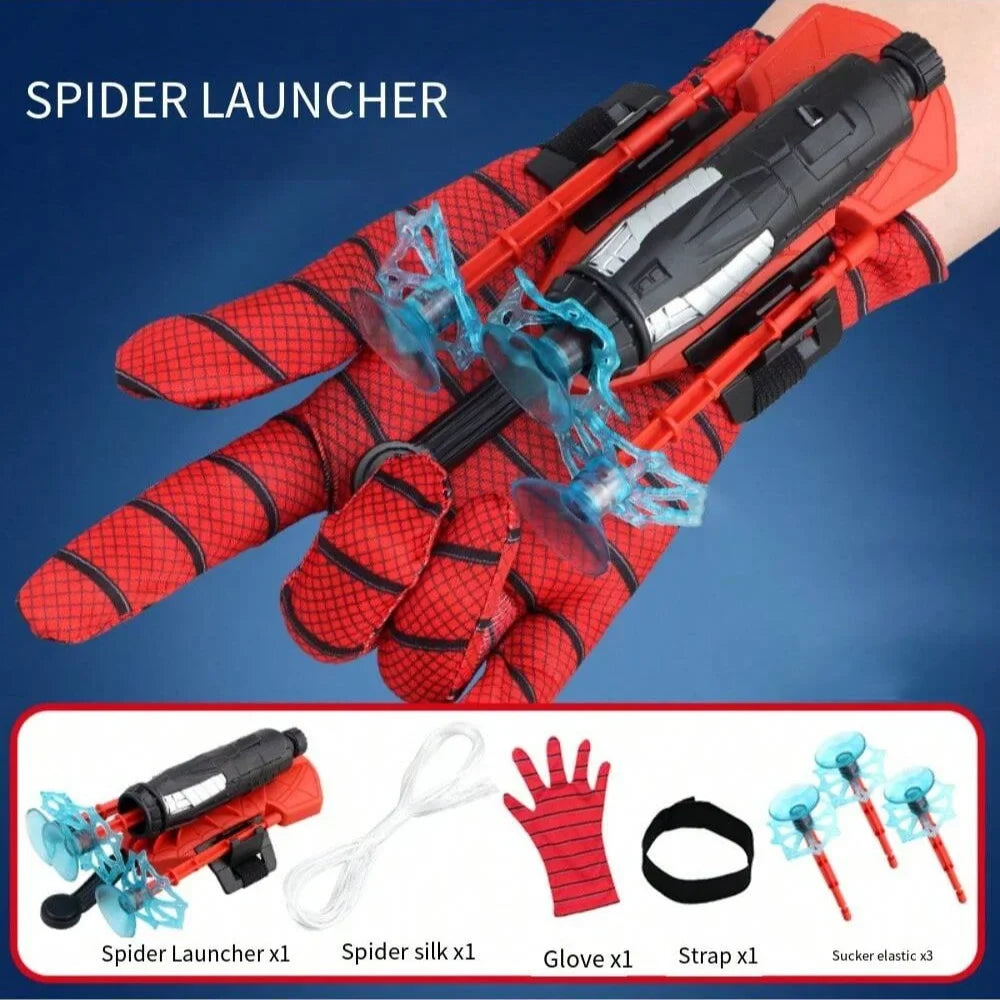 Close-up spider web wrist launcher: red mesh gloves with black launcher and blue web effect