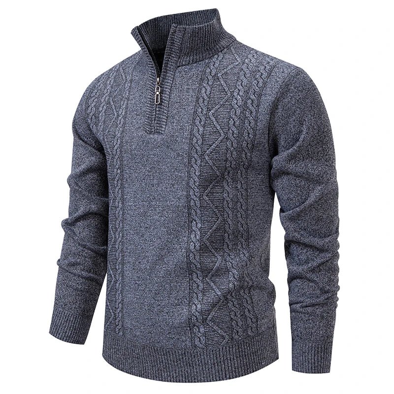 Men's knit half-zip pullover sweater in dark gray, stand collar and cable-knit stripe