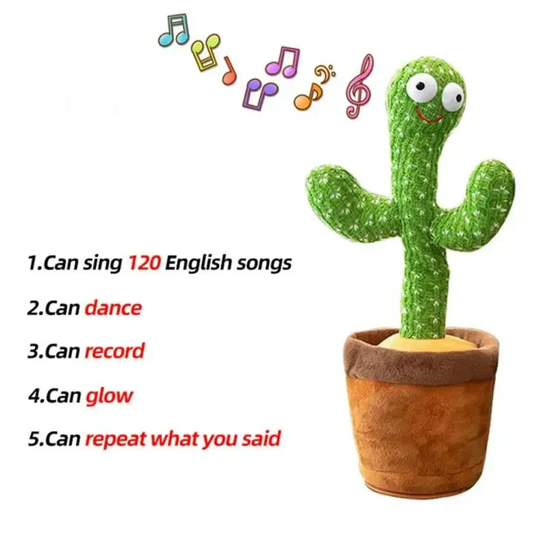 Green cactus talking plush with smiling face, big white eyes, in brown fabric pot