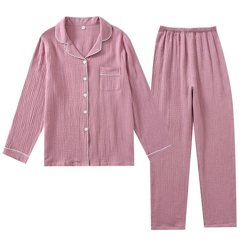 Mauve pink cotton pajama set with collared button top and matching long pants