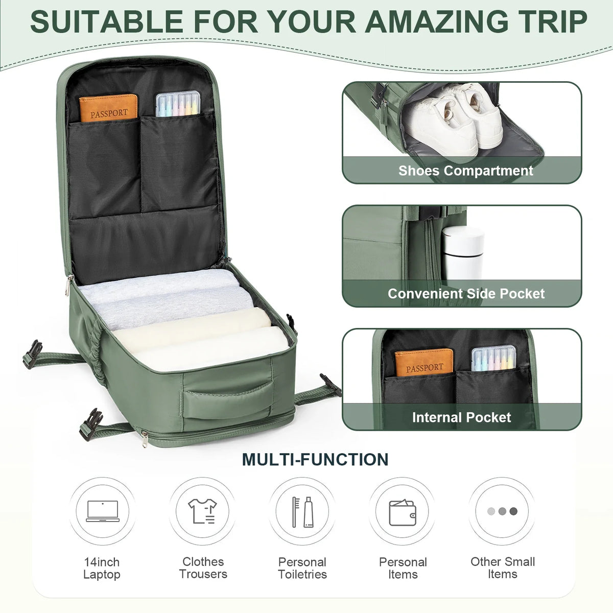 Army green multi-pocket travel backpack with open compartments and side organizer pockets