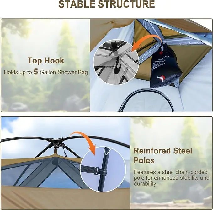 Shower tent with top hook and reinforced steel poles, curved frame detail.