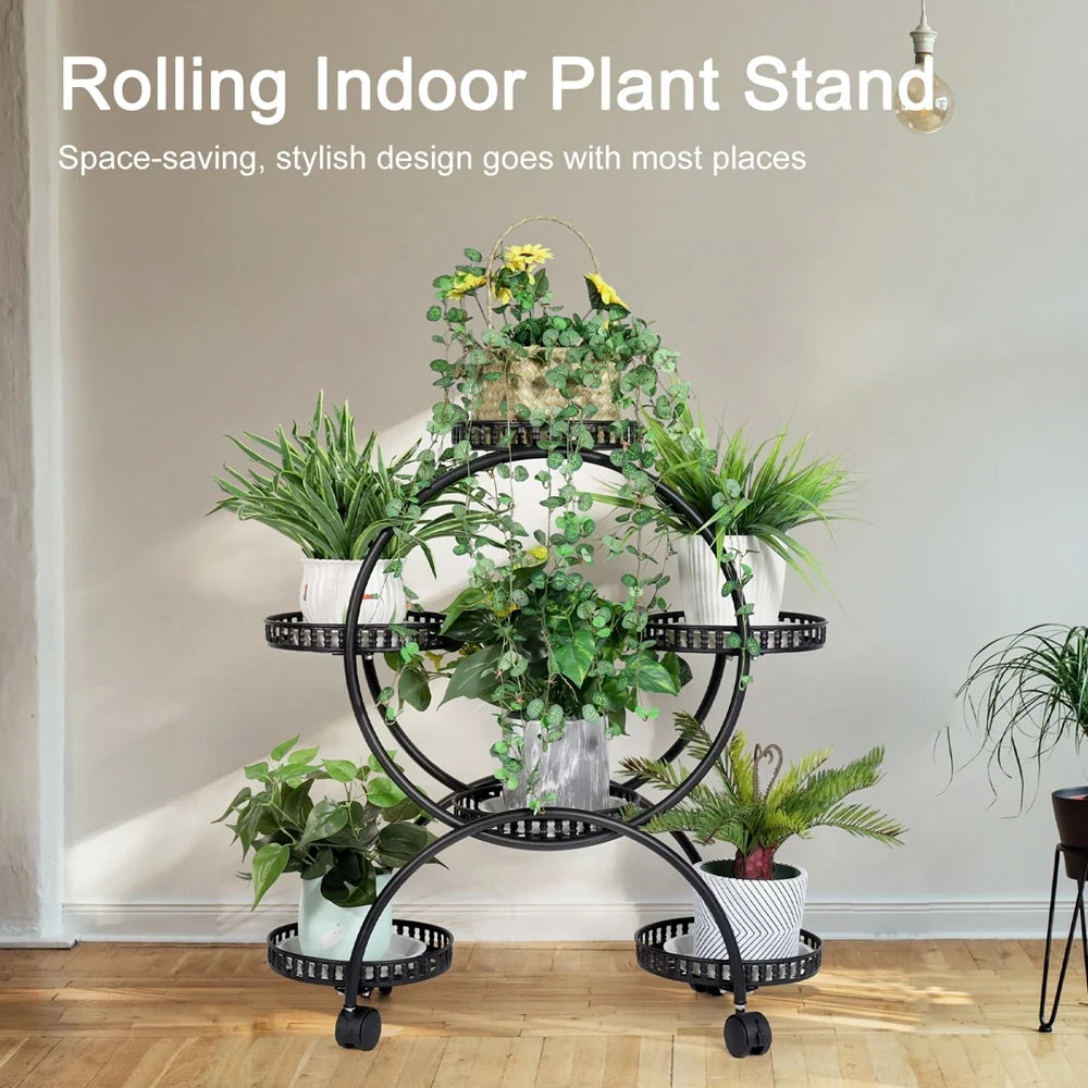 Black metal rolling plant stand with four trays and lockable caster wheels