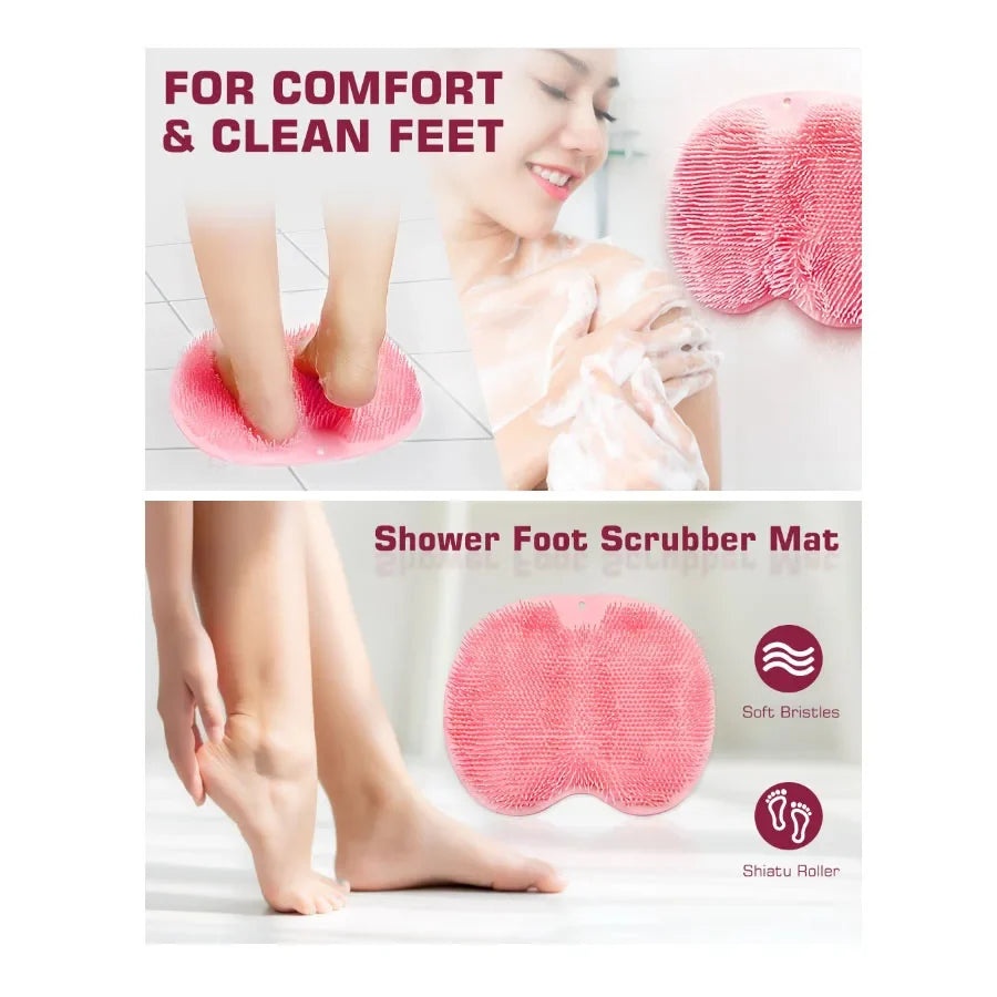 Pink shower foot scrubber mat with soft bristles for cleaning feet in the shower