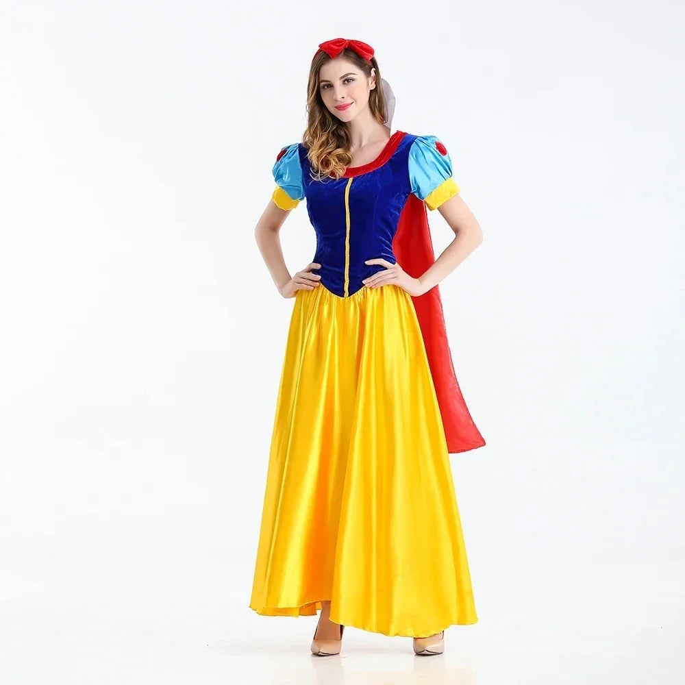 Adult princess costume dress with blue puff sleeves, yellow skirt, and red cape