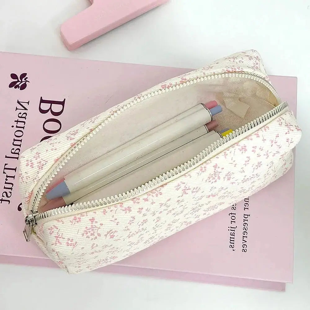 Large canvas pencil pouch with dual zipper, cream base and pink/red tiny floral print