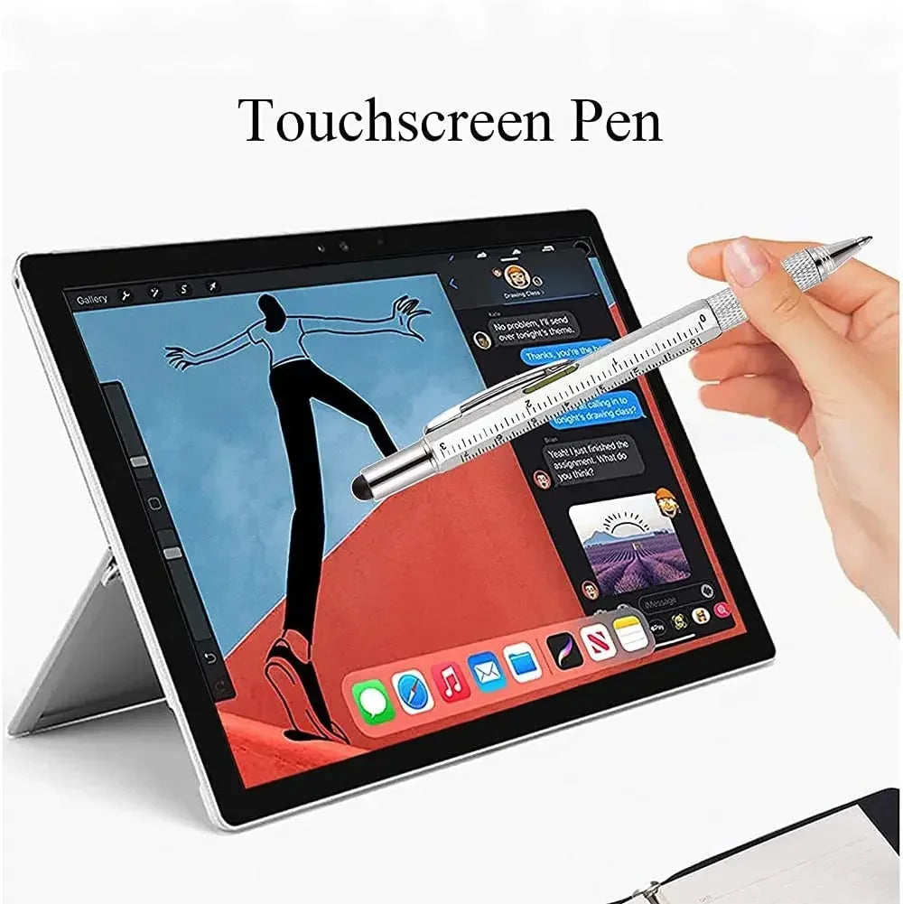 7-in-1 stylus pen with silver textured grip for touchscreen writing