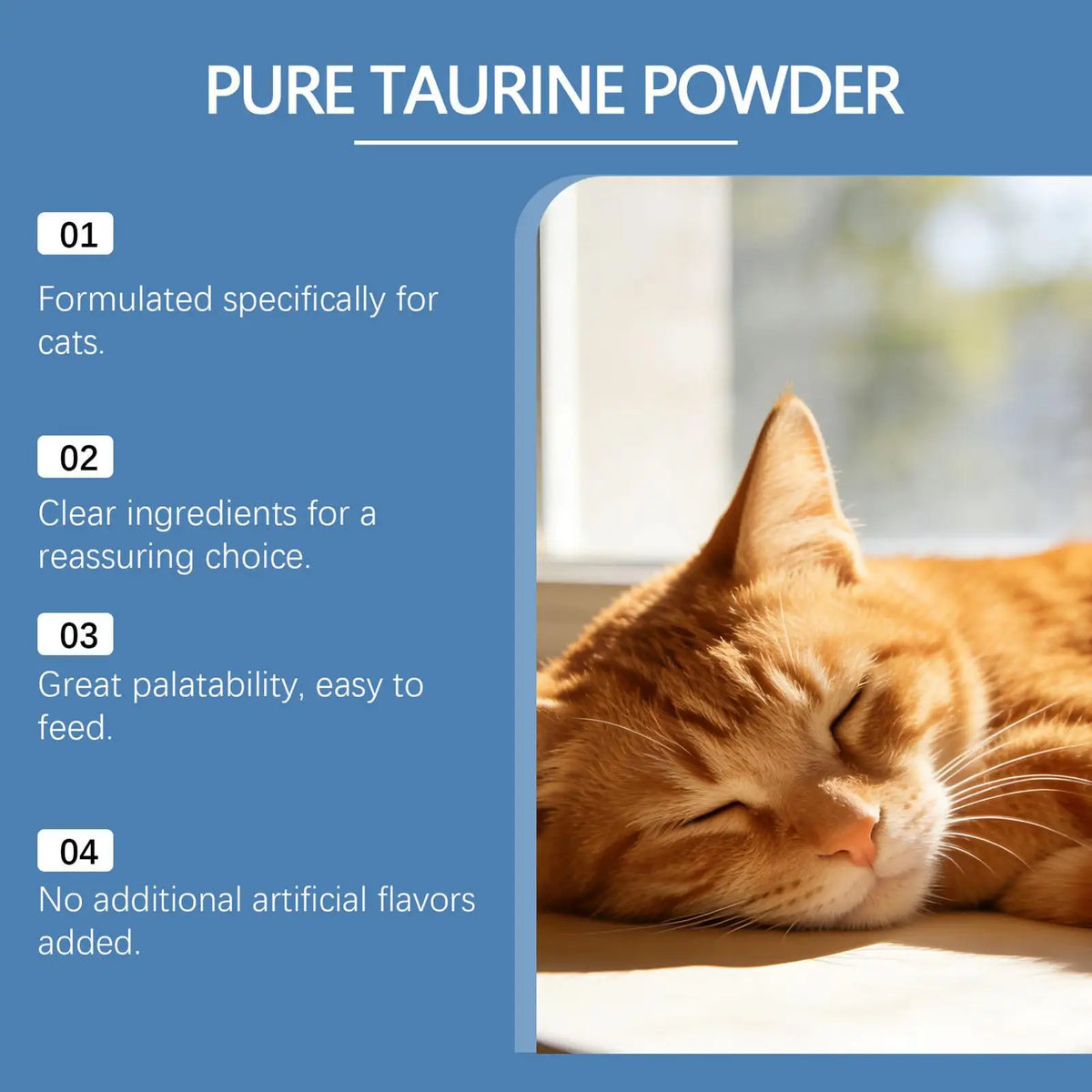 Pure taurine powder label card with orange sleeping cat.