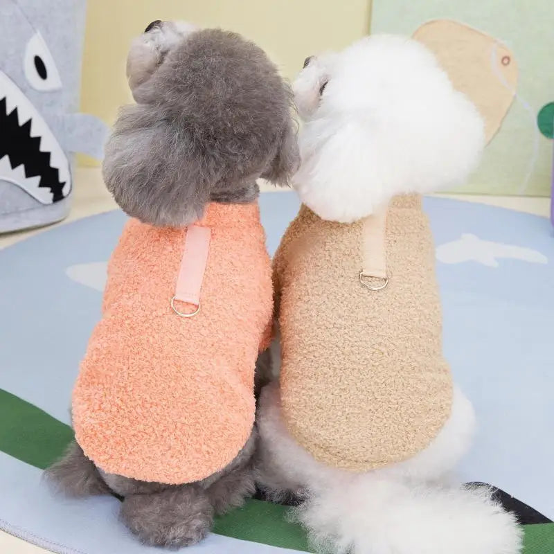Plush dog hoodie with front leg holes, gray and off-white on small dog model
