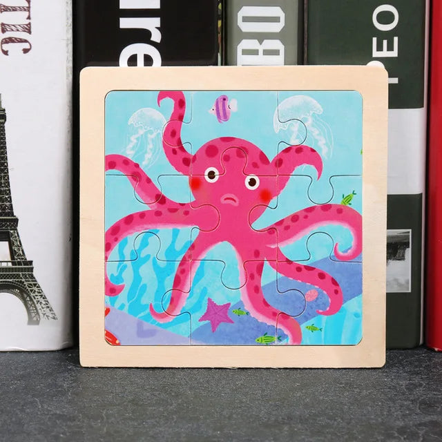 Wooden tangram jigsaw puzzle with cartoon pink octopus pieces in a square frame