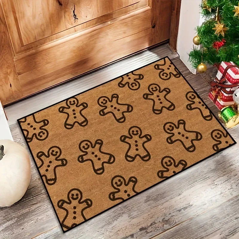 Brown doormat with repeating gingerbread men icons with dark outlines