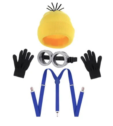 Halloween accessory set: yellow beanie, gray goggles, black gloves, blue suspenders
