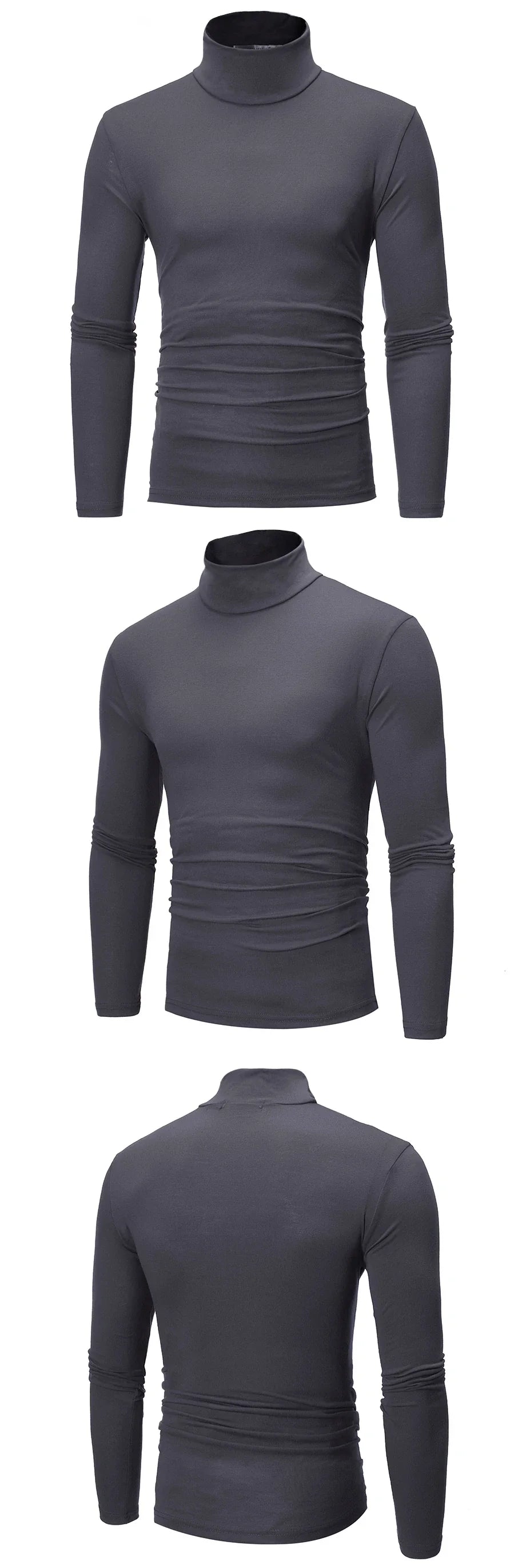 Men's slim-fit thermal shirt, dark gray, high neck, long sleeves with ruching