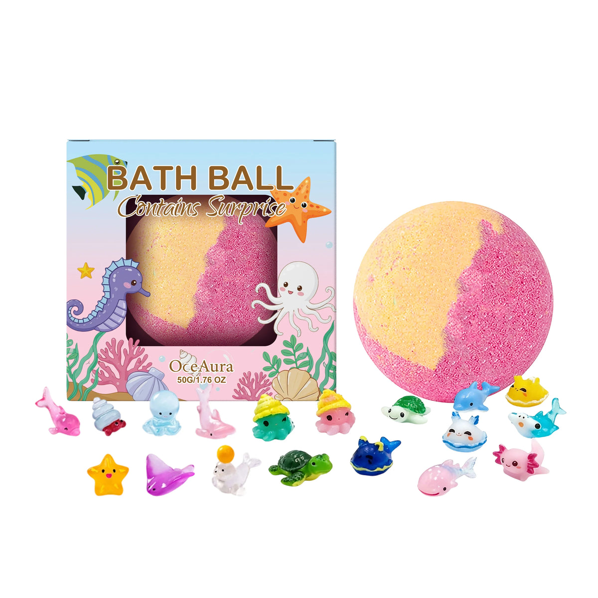 Bath ball with surprise toy figurines and gift box
