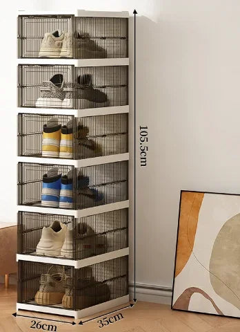 Tall clear shoe organizer cabinet with stacked transparent compartments and sneaker pairs