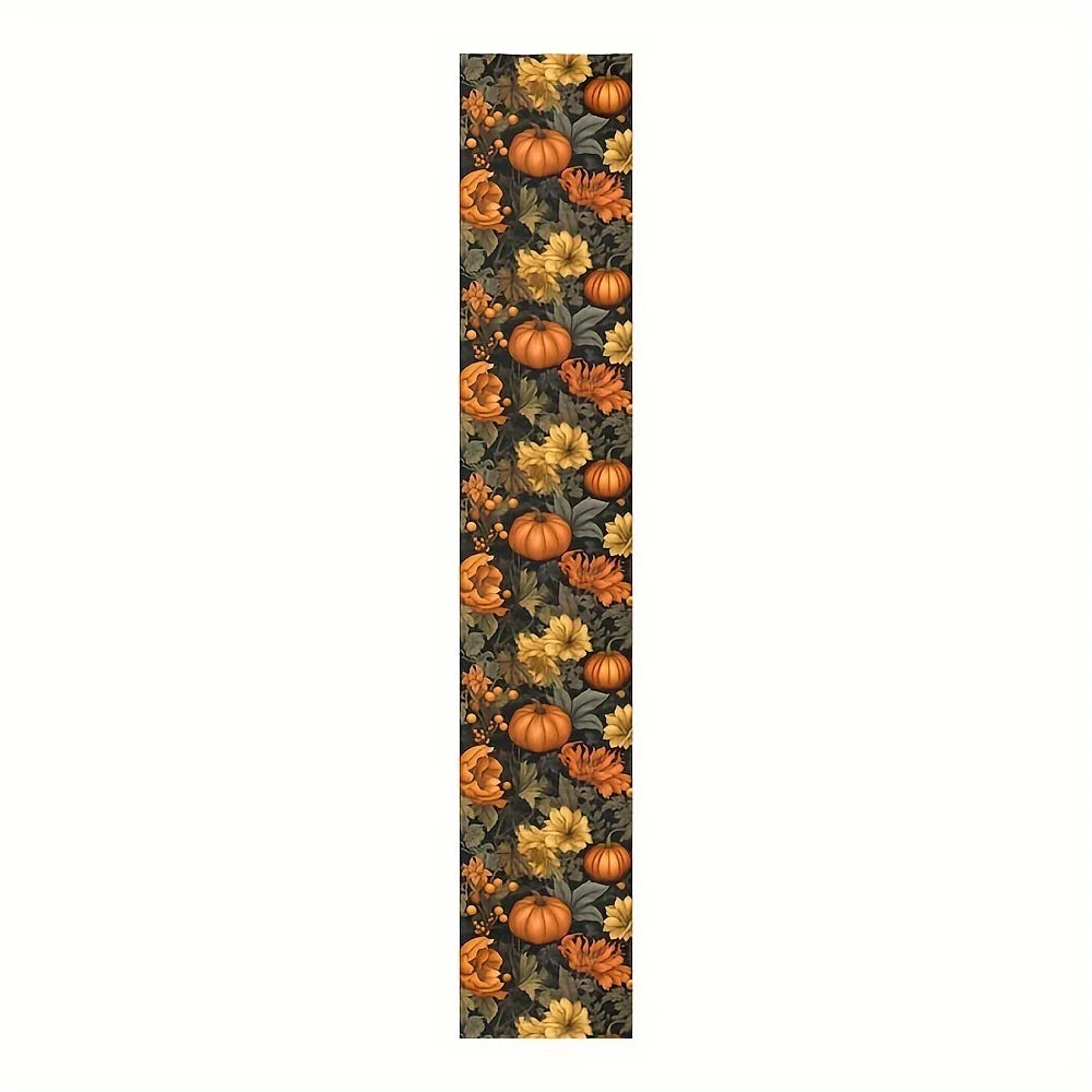 Printed linen table runner with pumpkins, acorns, and fall flowers