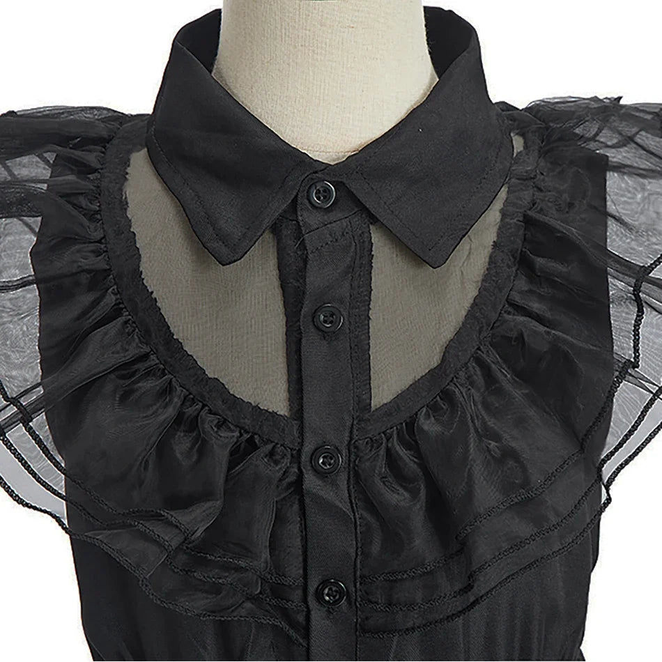 Black dress bodice with button placket and Peter Pan collar with ruffled tulle trim