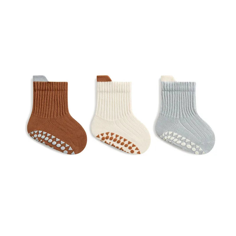Kids cotton crew socks set: brown, cream, and light gray with non-slip dot grippers