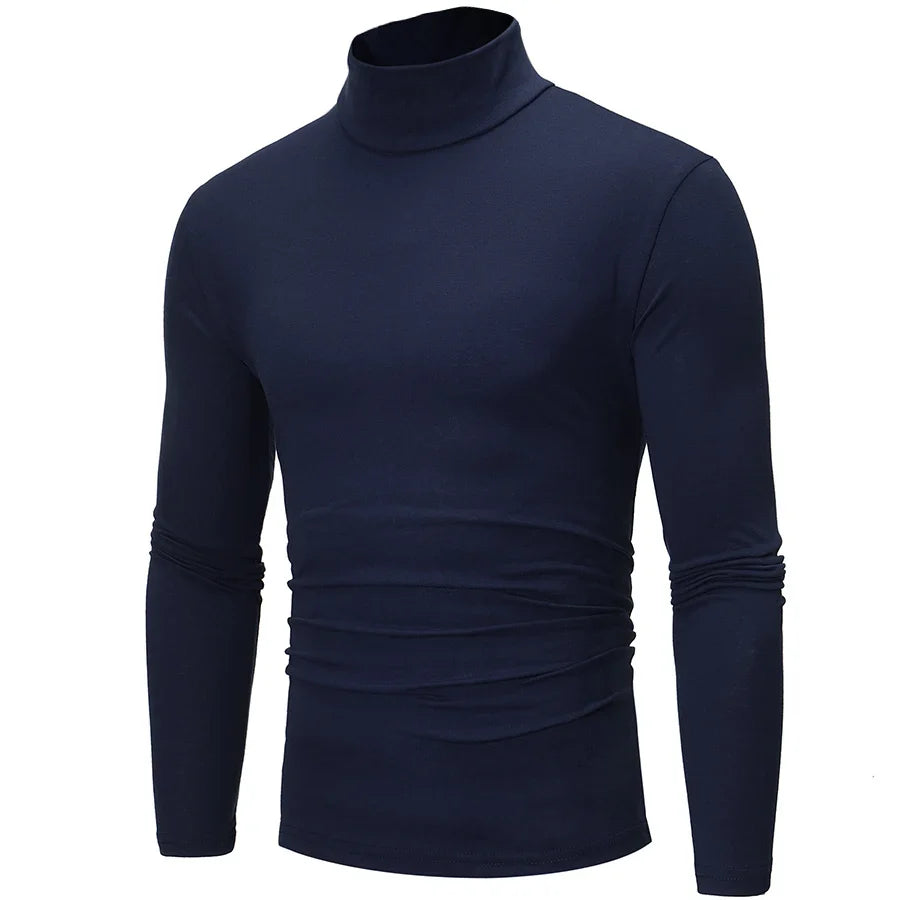 Men's slim-fit thermal shirt, navy, high neck, long sleeves with ruching