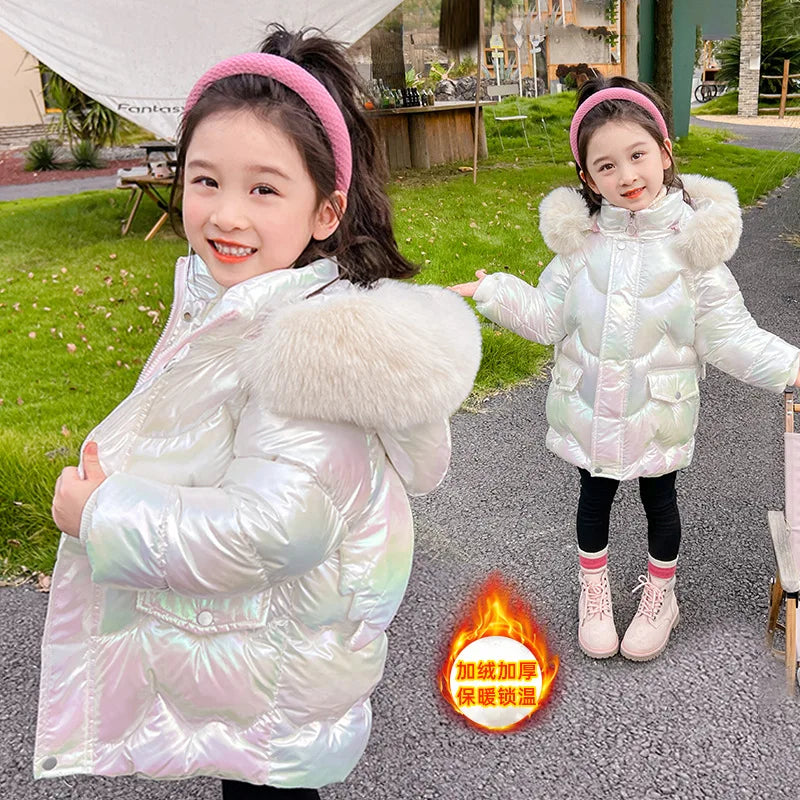 Girls hooded puffer coat with faux fur collar and zipper, pearly white shimmer.
