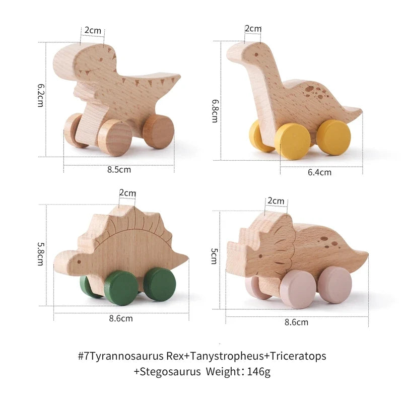 Wooden dinosaur teether cars with engraved bodies and colored wheel pairs